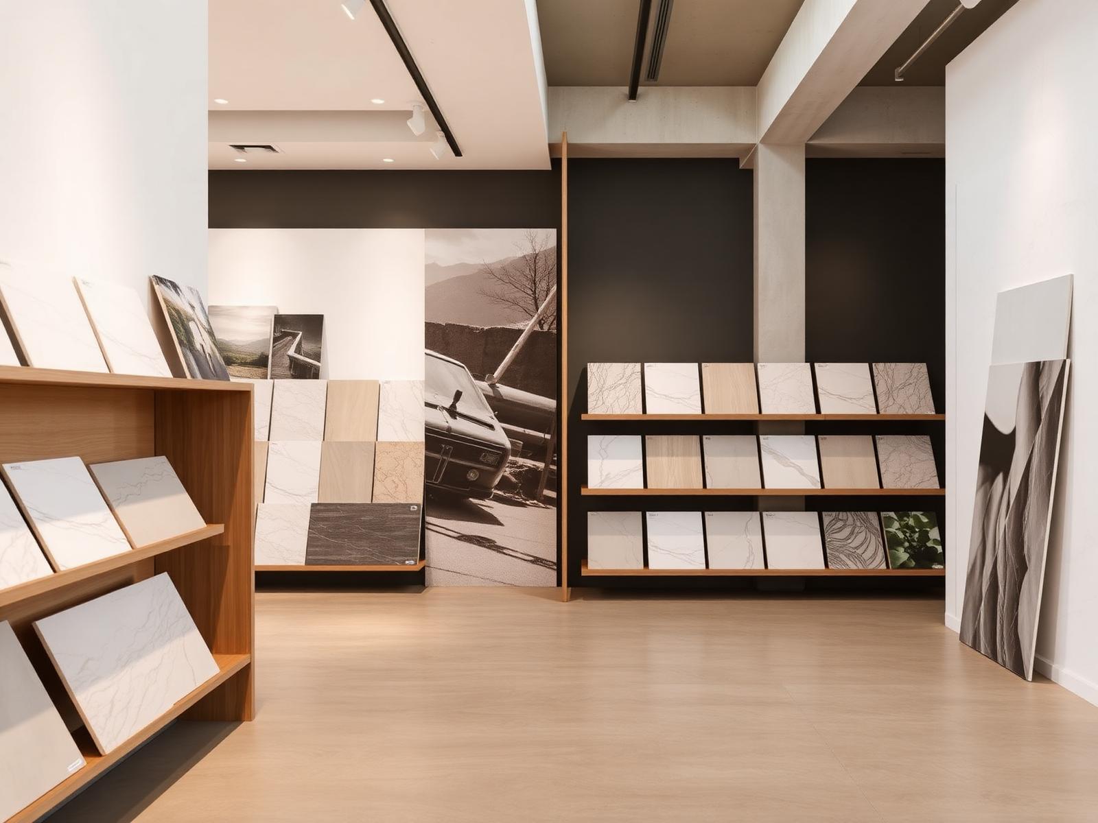 Showroom Armazém com expositores de pisos e revestimentos